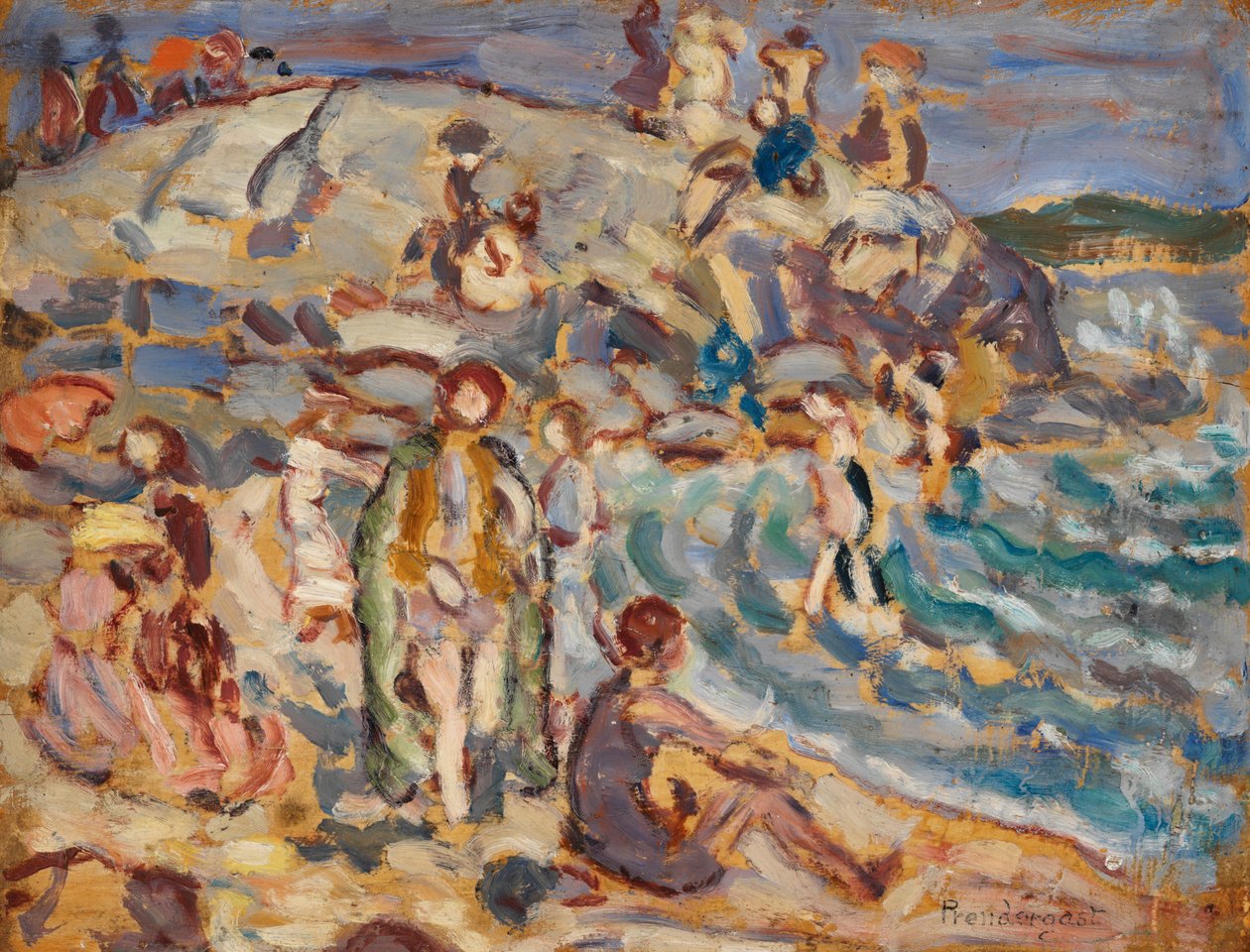 Plážová scéna a kopec od Maurice Brazil Prendergast