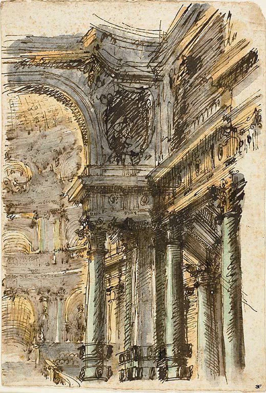 Architectural Fantasy (recto); Architektonické detaily (verze) od Mauro Antonio Tesi