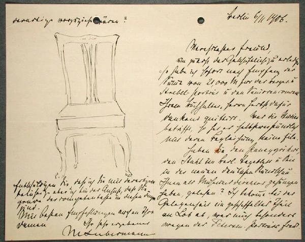 Poznámky umělců a náčrt židle (inkoust na papíře) od Max Liebermann