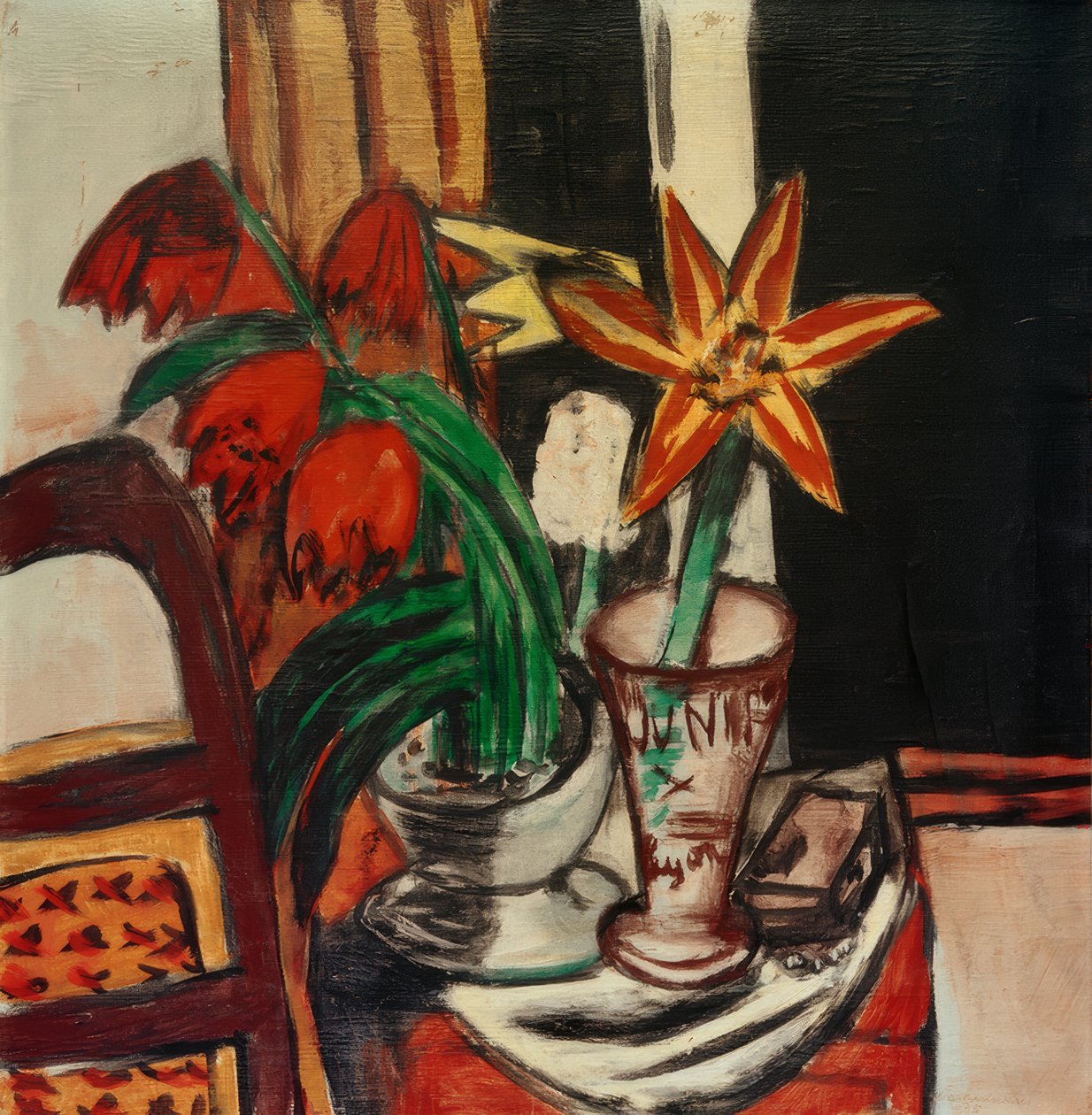 Červený tulipán a ohnivé lilie od Max Beckmann