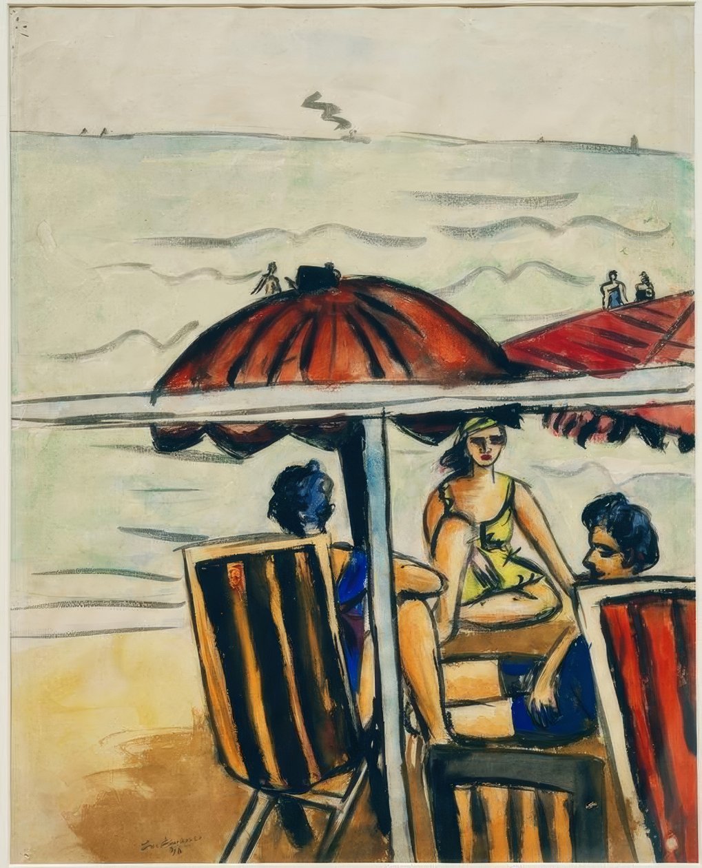 Plážová scéna se slunečníky od Max Beckmann