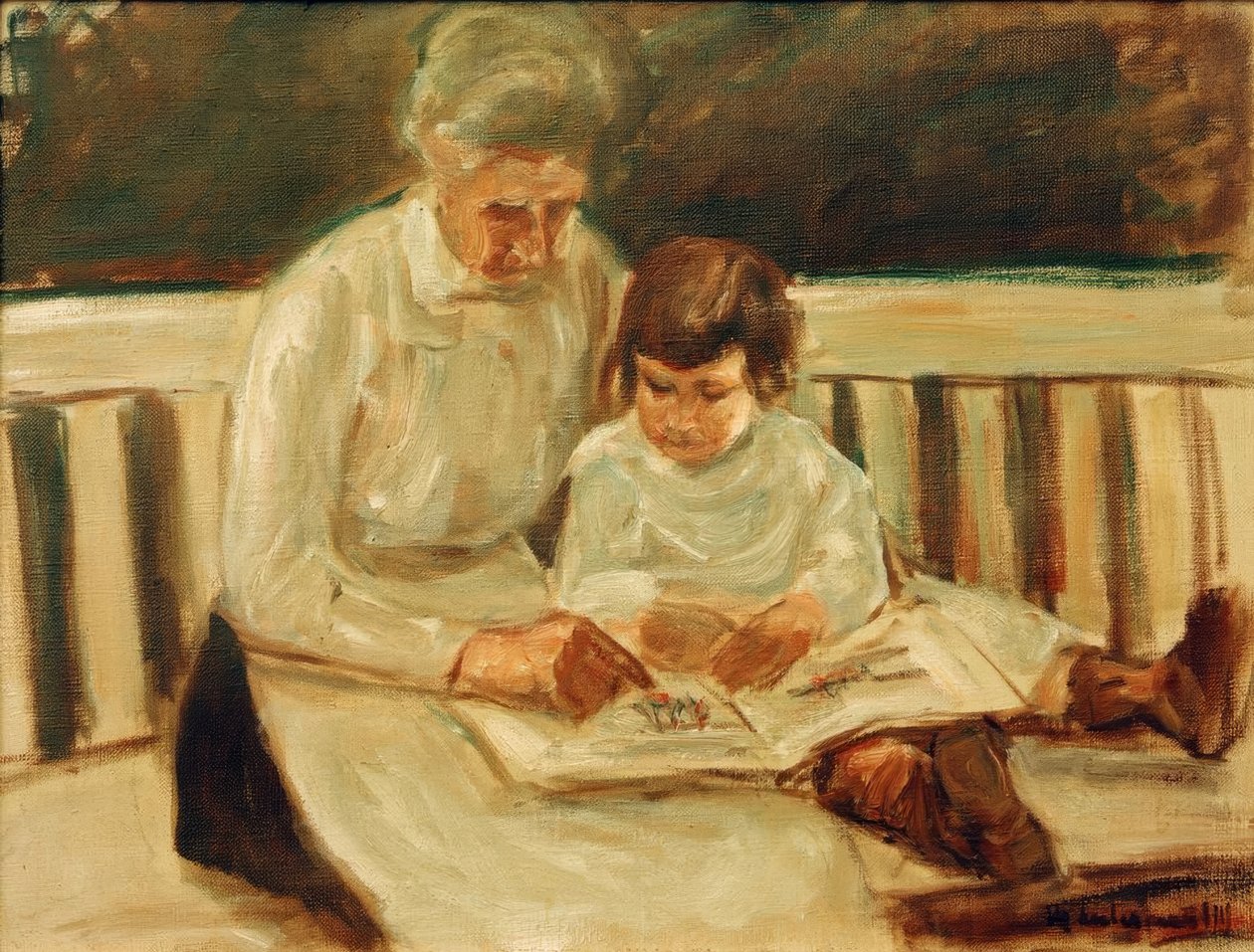 Vnučka a chůva na zahradní lavičce od Max Liebermann