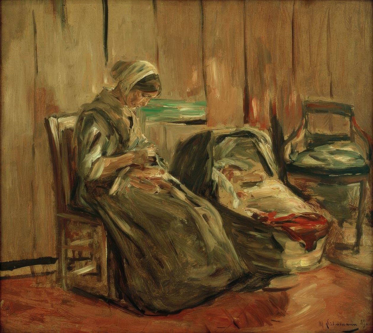 Interiér s šicí ženou od Max Liebermann