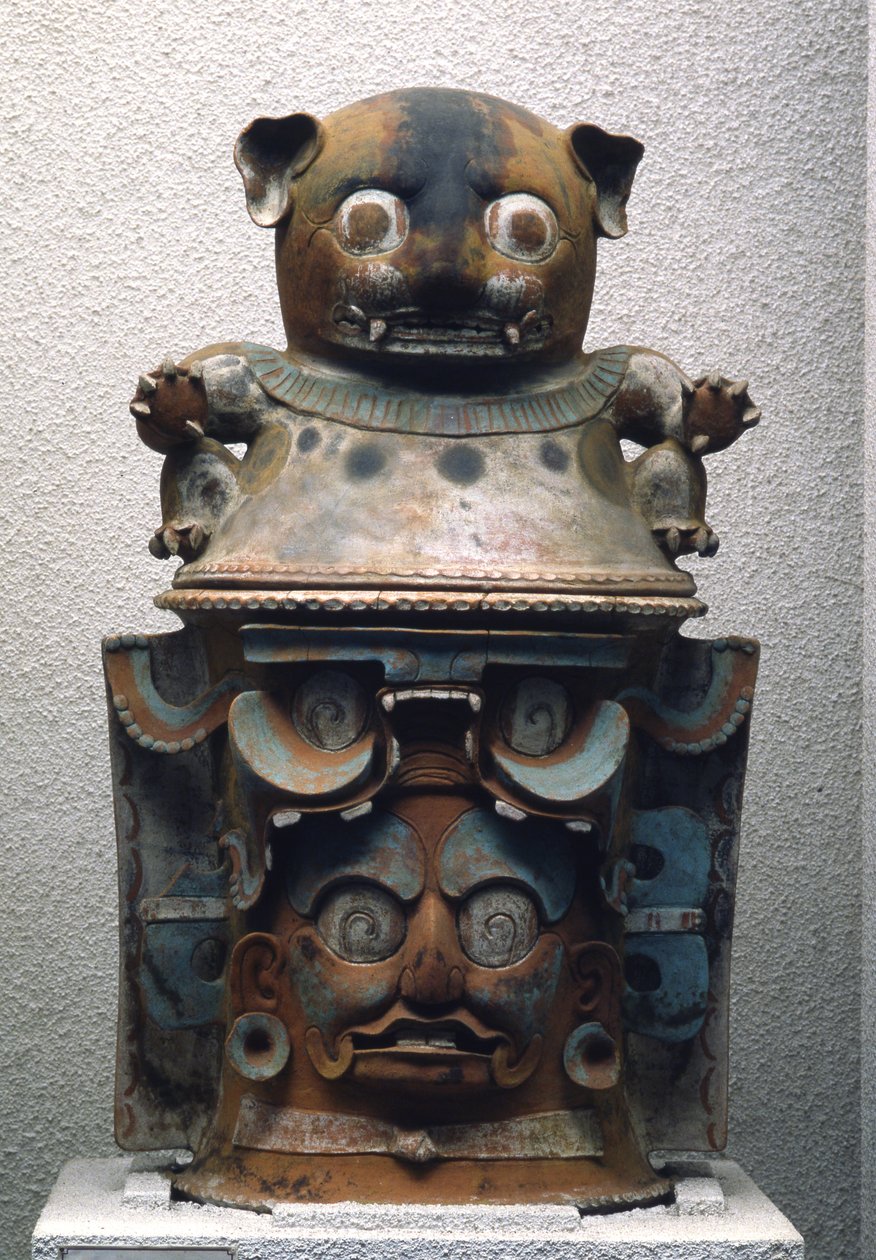 Ixil pohřební urna s kočičím víkem, Nebaj, Guatemala, pozdní klasické období (900-1200) (polychromovaná kamenina) (viz také 238288) od Mayan