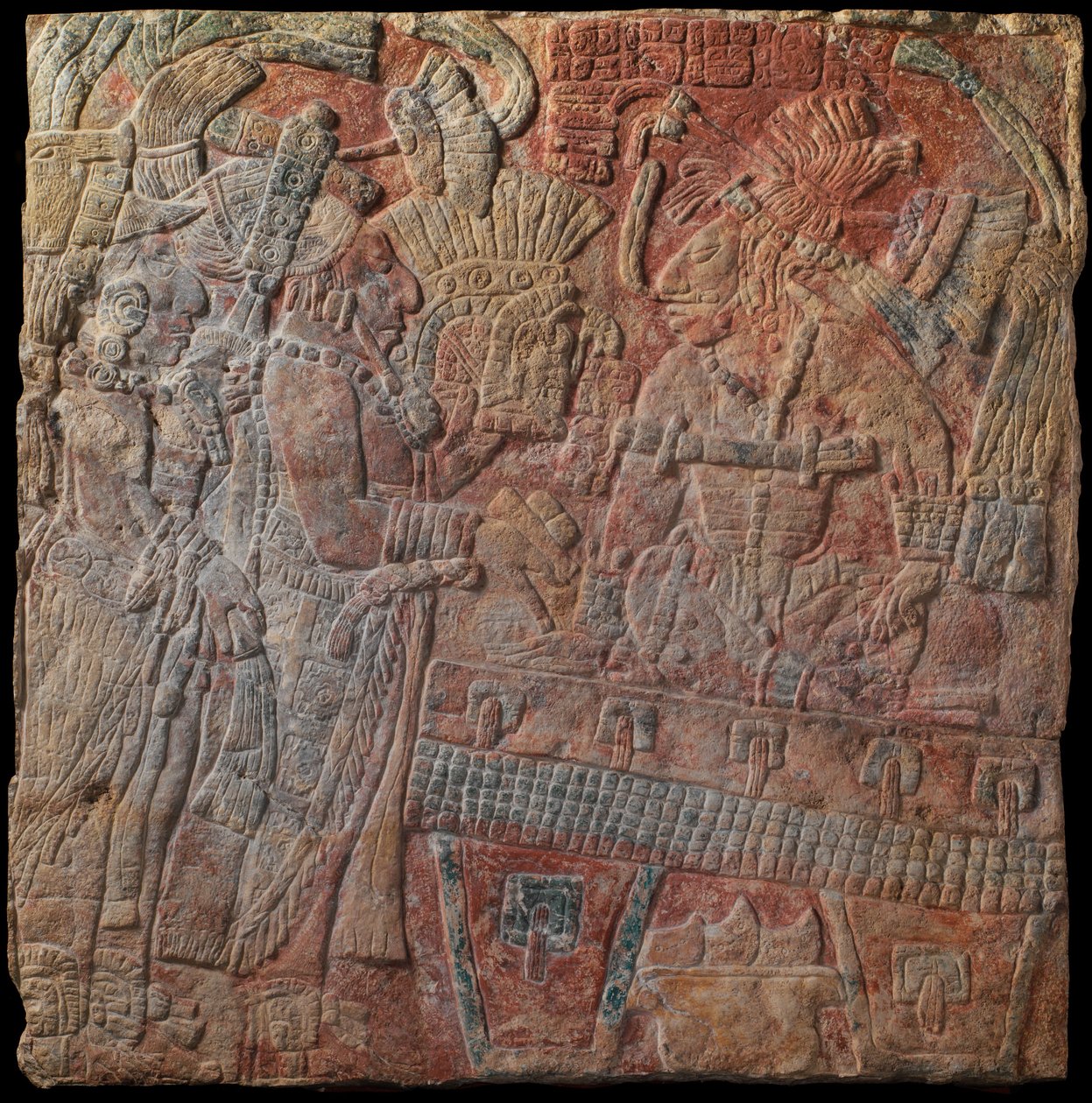Reliéf s trůnícím vládcem, cca 770 n. l. (malovaný vápenec) od Mayan