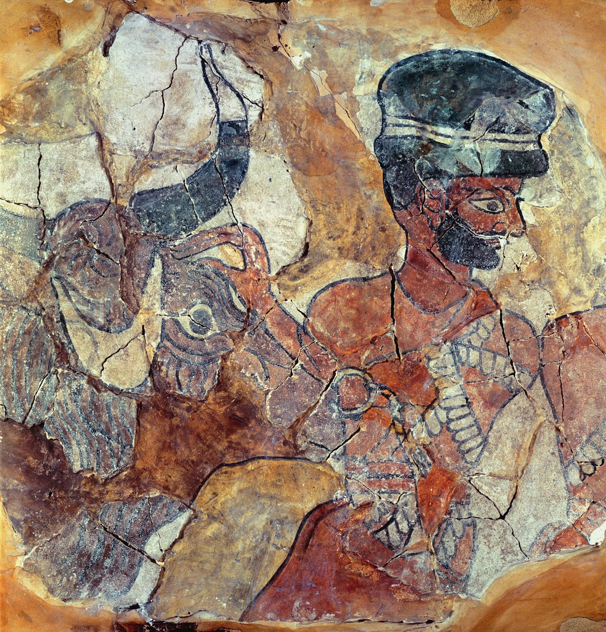 Kněz, který vede býka k obětování, z paláce Zimri-Lim, Mari, Střední Eufrat (nástěnná malba) od Mesopotamian