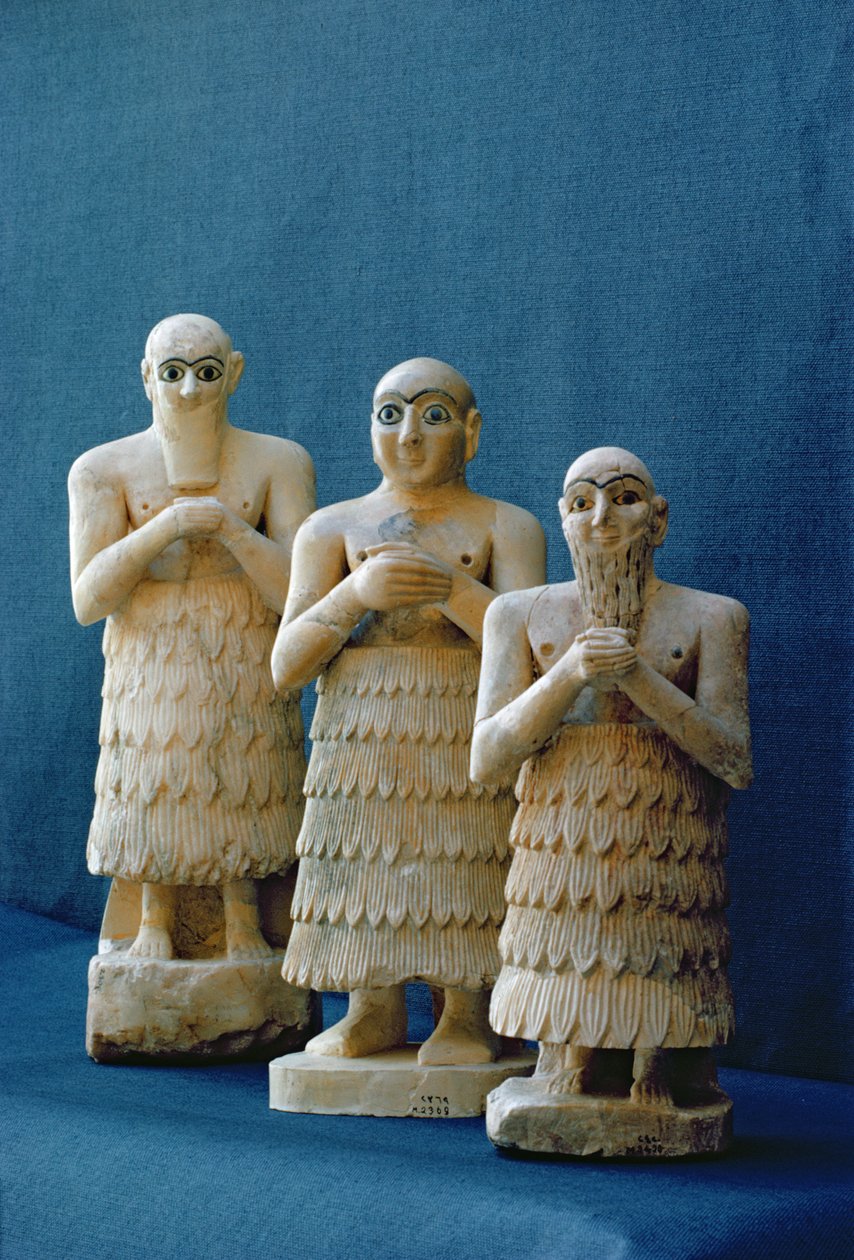 Votivní postavy objevené v Nippur, Irák, cca 2800 př. n. l. (alabastr a zlato) od Mesopotamian