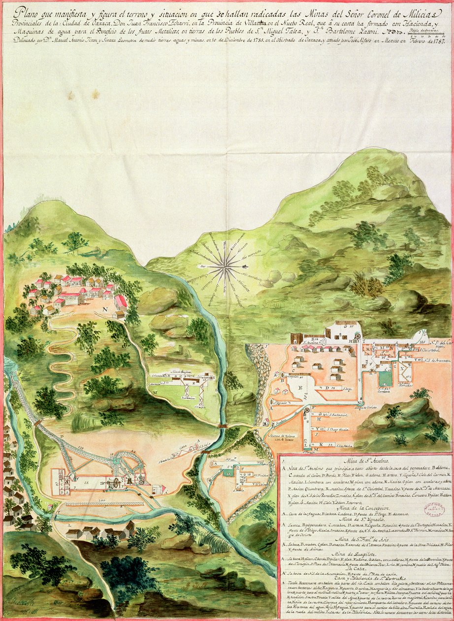 Plán dolů Oaxaca, Mexiko, 1785-87 (pero a inkoust a wc na papíře) od Mexican School