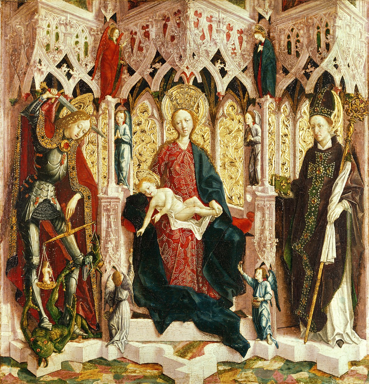 Panna a dítě na trůnu, kolem roku 1475 (olej na jedle stříbrné) od Michael Pacher