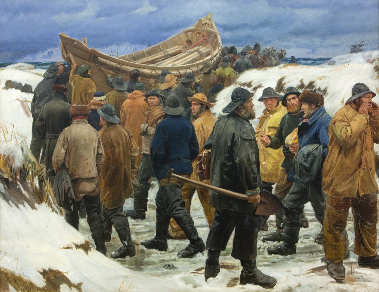 Záchranný člun je vzat přes duny od Michael Ancher
