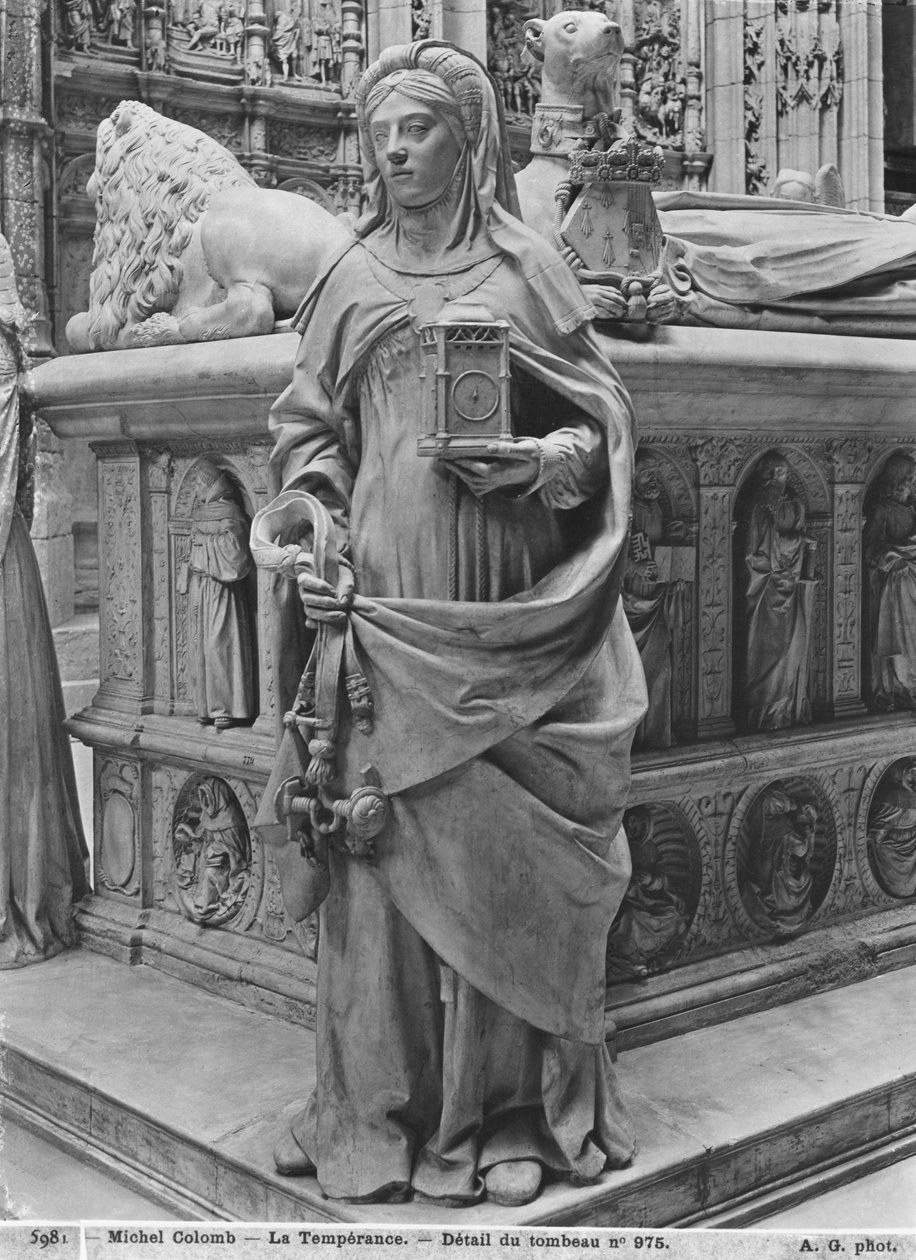 Nantes, Katedrála sv. Petra a Pavla, Hrob Františka II., vévody z Bretaně a Markéty z Foix, detail Temperance, 1502-07 sádrový odlitek z mramoru bw foto od Michel Colombe