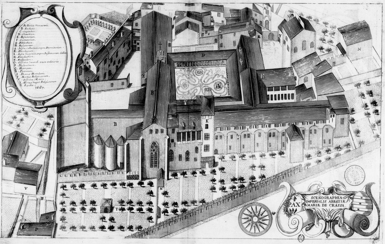 Rytina ze 17. století zobrazující opatství Sainte-Marie de Lagrasse ve Francii v knize Monasticon Gallicanum. od Michel Germain