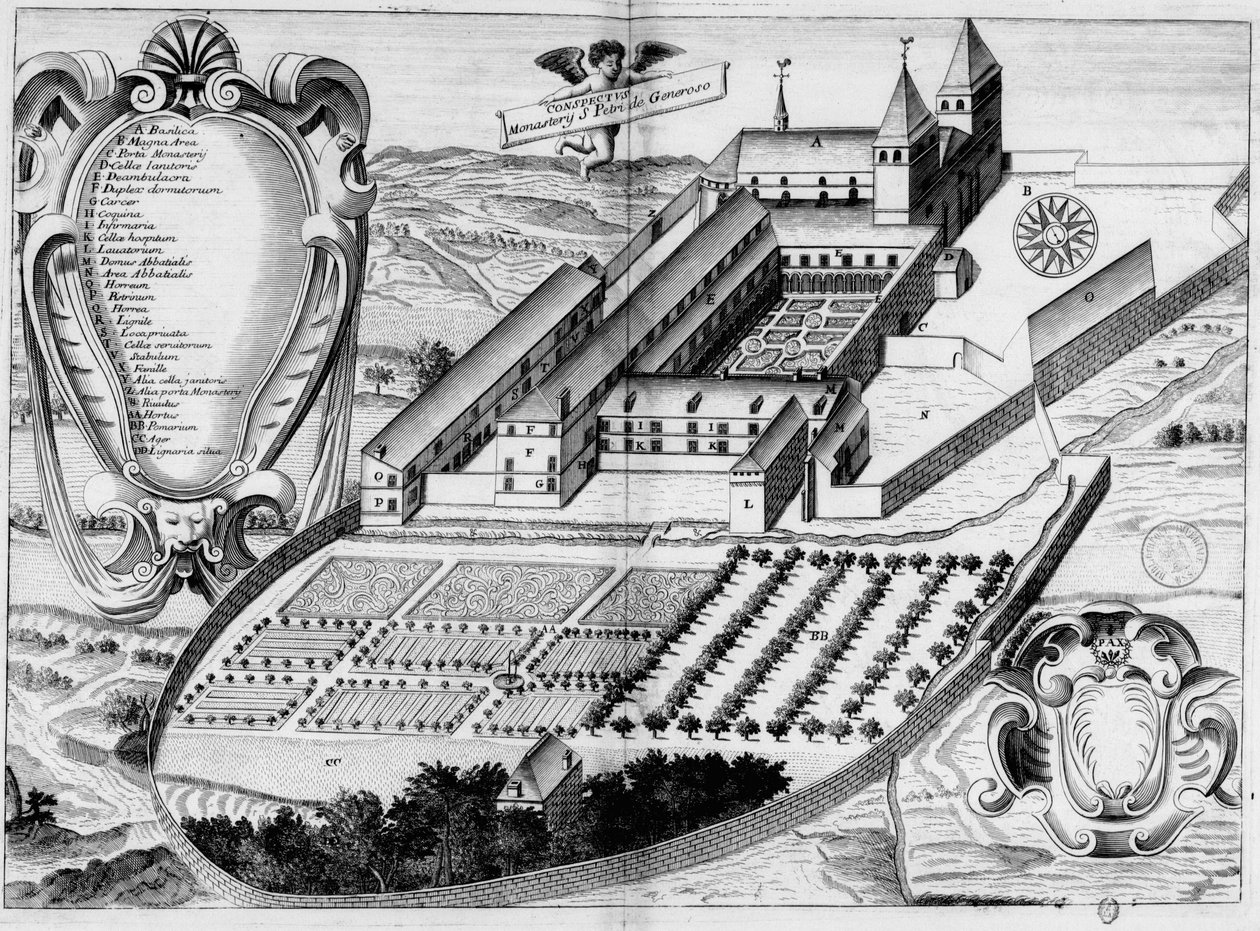 Rytina ze 17. století představující opatství Saint-Pé-de-Bigorre v knize Monasticon Gallicanum. od Michel Germain