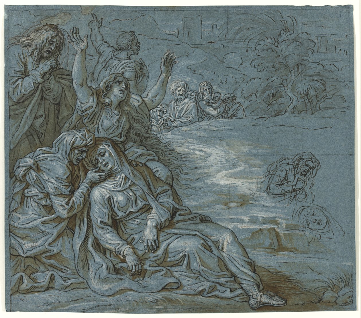 Lamentation, c.1680 (pero a inkoust s překrytím tužkou na papíře) od Michel des Gobelins Corneille