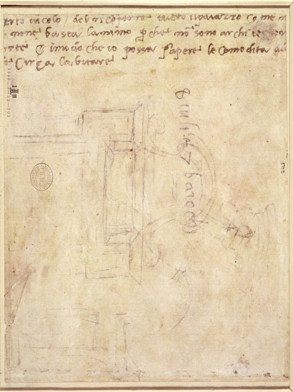 Architektonická studie s poznámkami (pero a tužka na papíře) (verso) (obrázek viz 191771) od Michelangelo Buonarroti