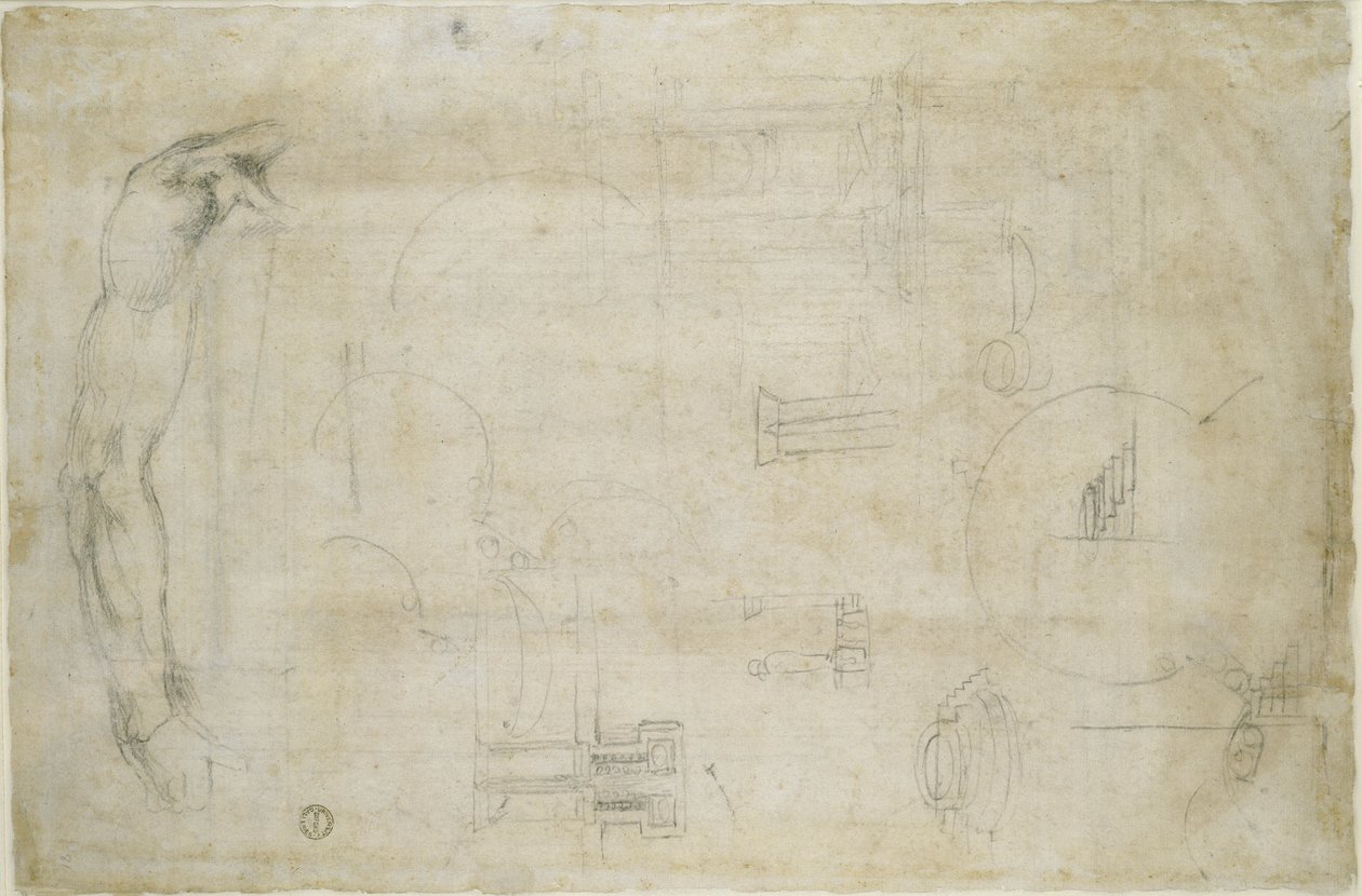Architektonické studie a Mužská ruka, asi 1538-50 (černá křída na papíře) od Michelangelo Buonarroti