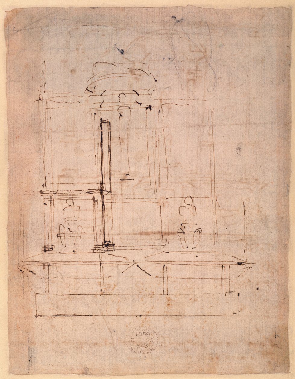 Návrh hrobky papeže Julia II. (1453-1513) (hnědý inkoust na papíře) (verso) od Michelangelo Buonarroti