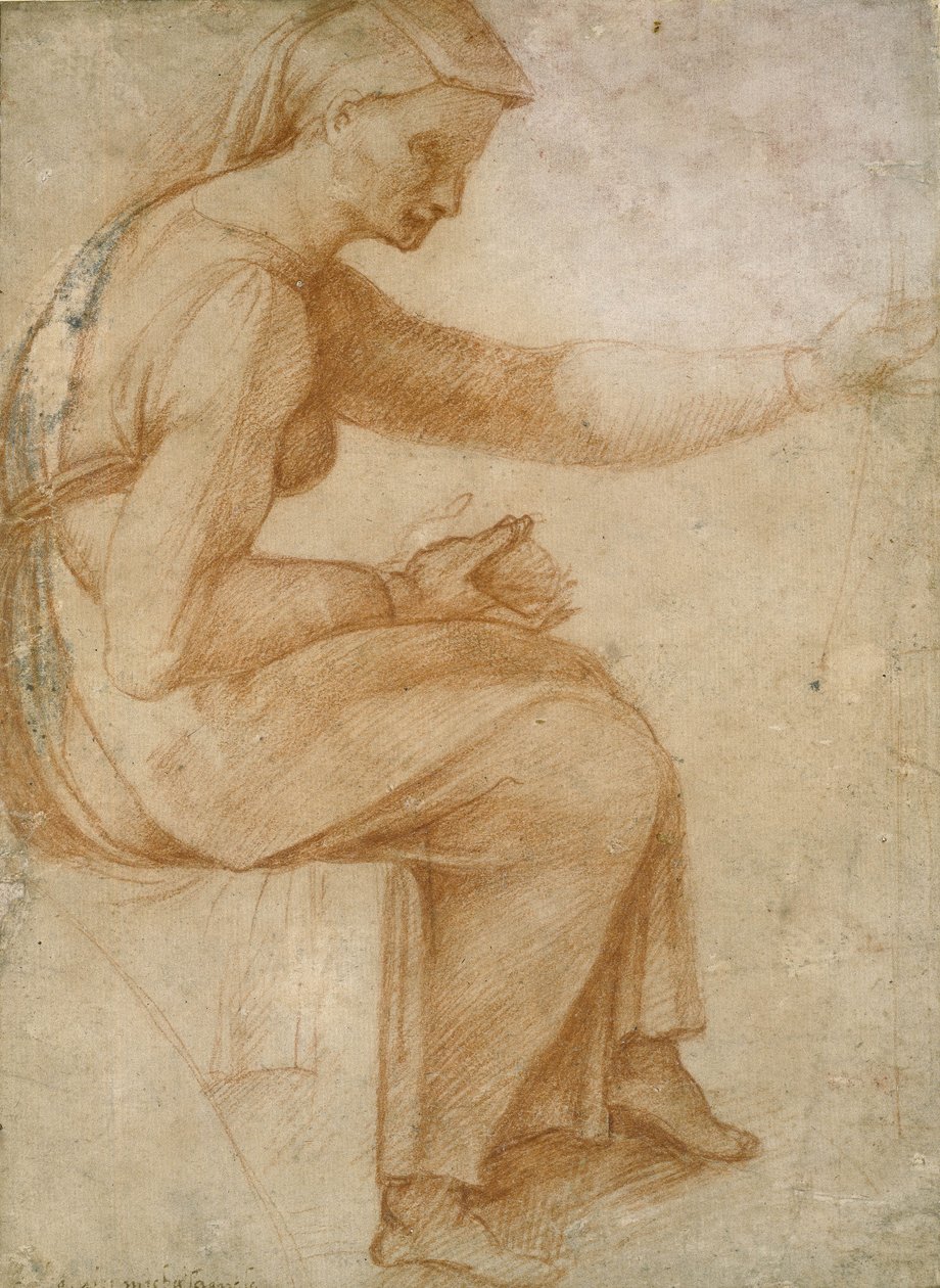 Detail ze Sixtinského stropu (červená křída na světle buffovém papíře) od Michelangelo Buonarroti