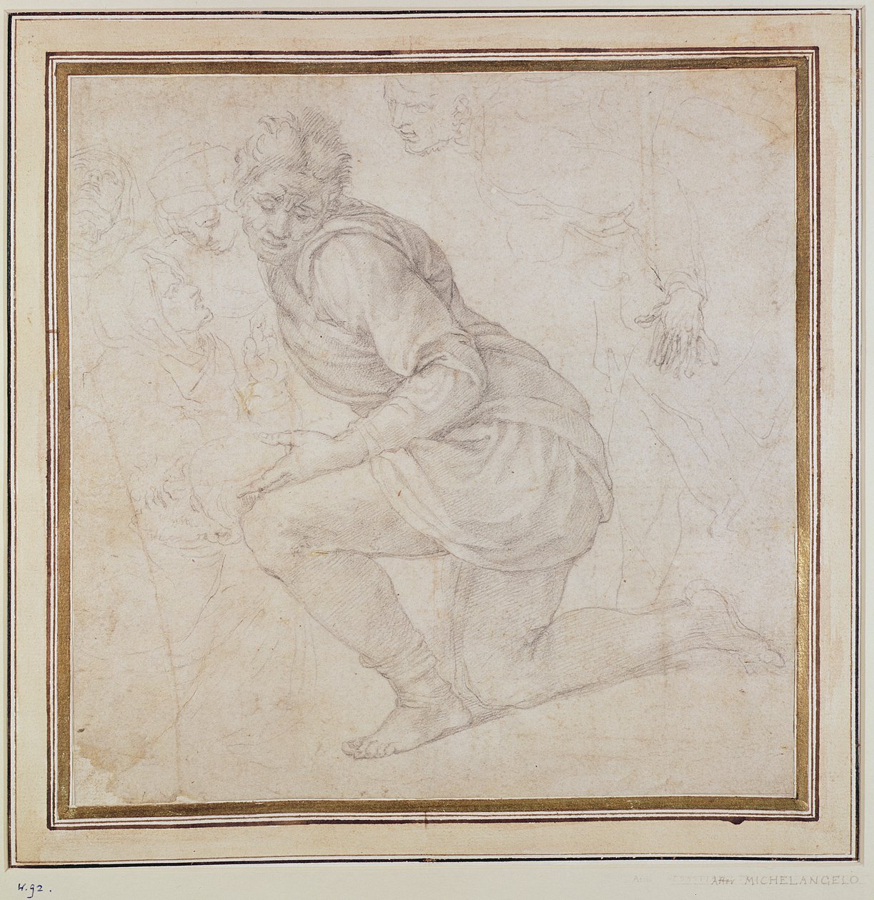 Inv. 5211-75 Fawkener Recto (W.92) Klečící muž (kresba) od Michelangelo Buonarroti