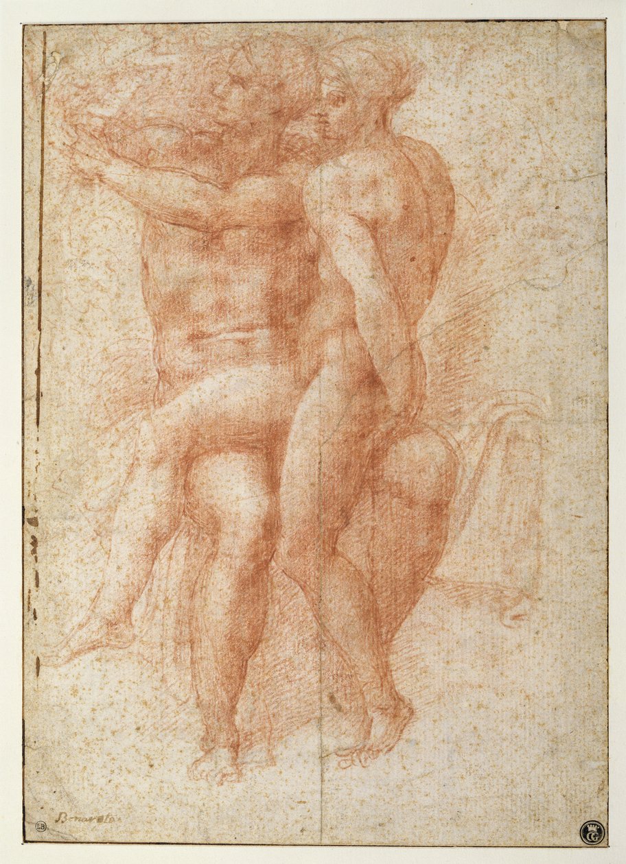 Nahá žena sedící na kolenou sedícího mužského aktu: Adam a Eva (sangvinik na papíře) od Michelangelo Buonarroti
