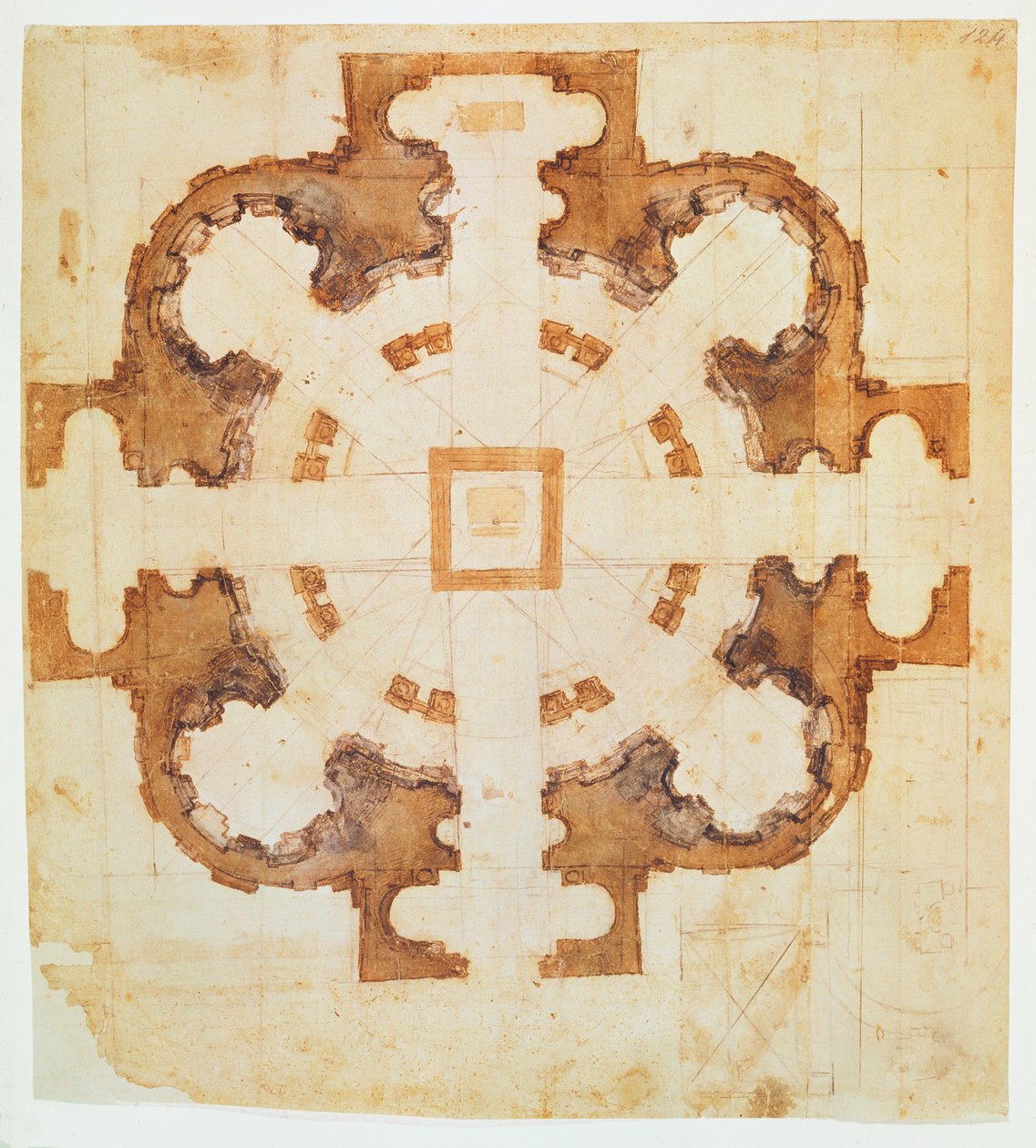 Plán kostela San Giovanni dei Fiorentini, Řím, 16. století, (inkoust na papíře) od Michelangelo Buonarroti