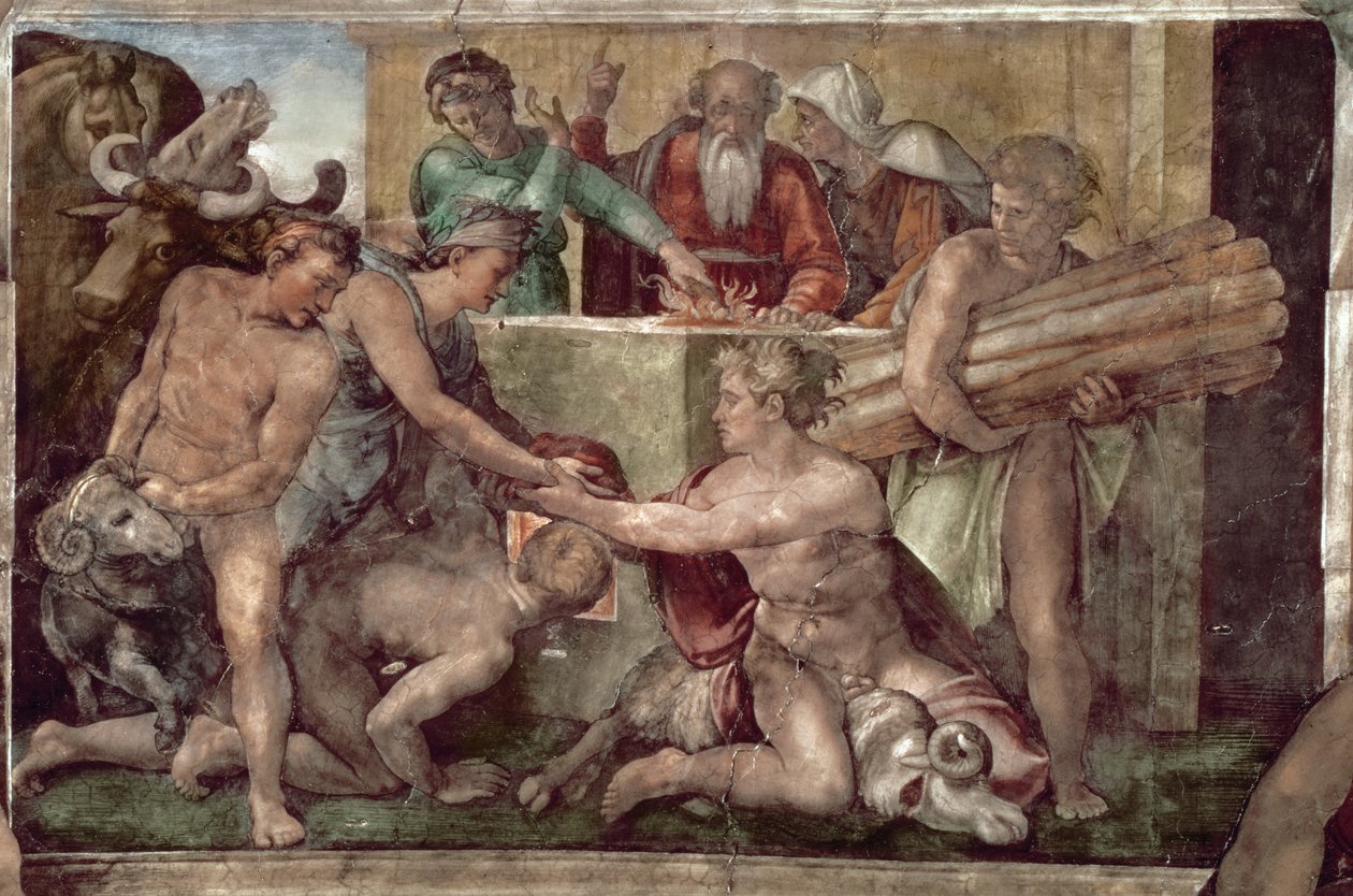 Strop Sixtinské kaple (1508-12): Oběť Noemova (před restaurováním) (viz také 57568 a 167695) od Michelangelo Buonarroti