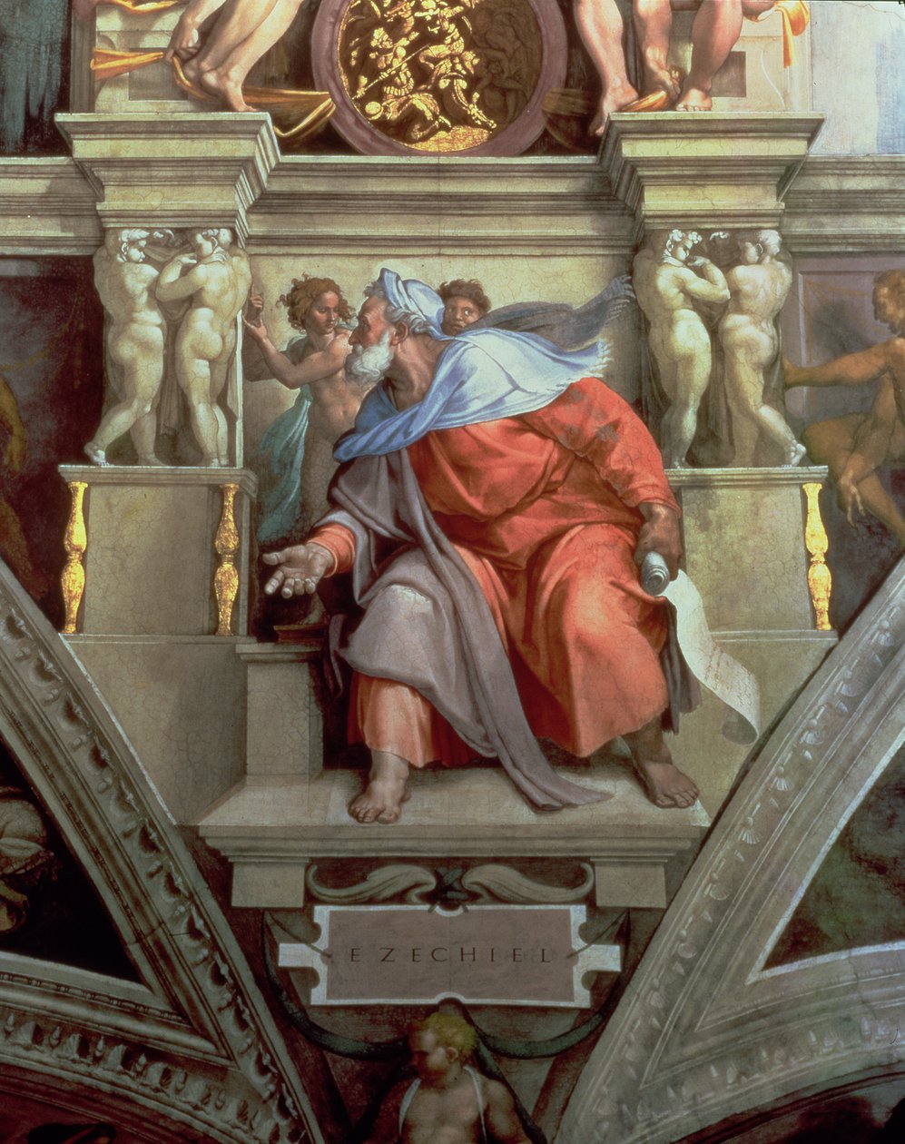 Strop Sixtinské kaple: Prorok Ezekiel, 1510 (po restaurování) od Michelangelo Buonarroti