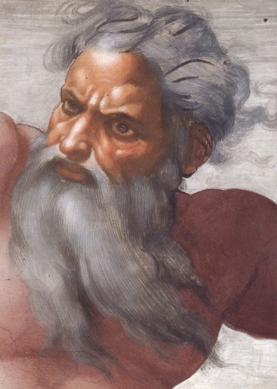 Strop Sixtinské kaple: Stvoření Slunce a Měsíce, 1508-12, detail Boží tváře od Michelangelo Buonarroti