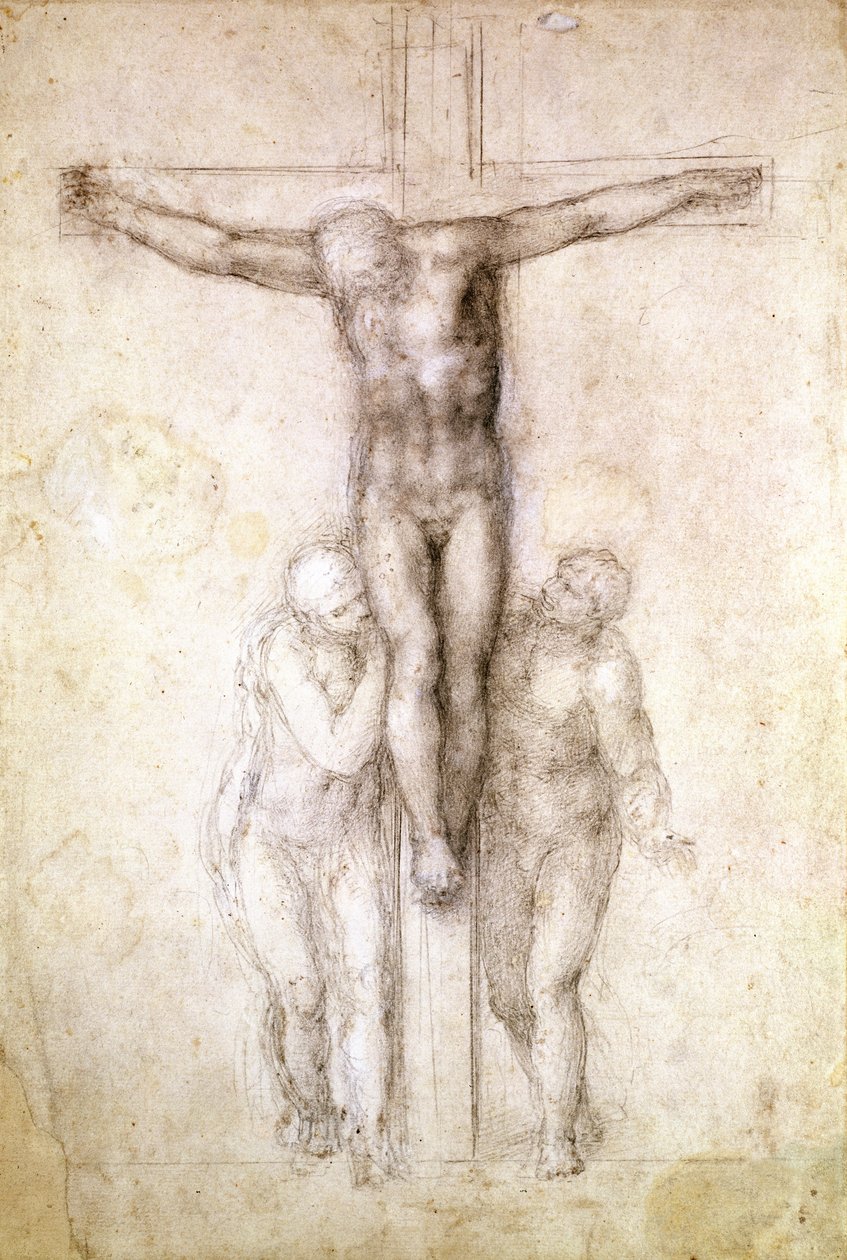 Studie Krista na kříži mezi Pannou Marií a sv. Janem Evangelistou (černá křída na papíře) (recto) od Michelangelo Buonarroti