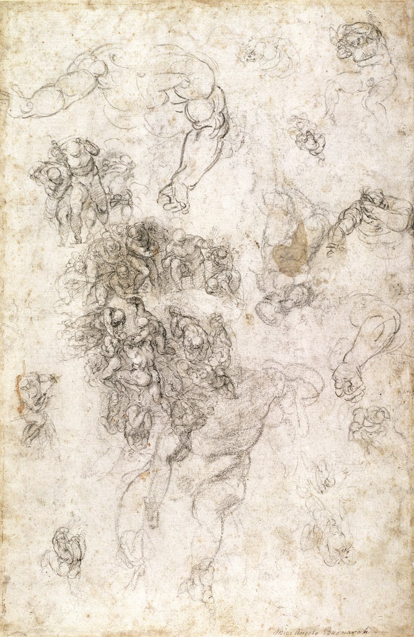 Studie postav pro „Poslední soud“ s podpisem umělce, 1536-41 (uhl na papíře) (recto) od Michelangelo Buonarroti