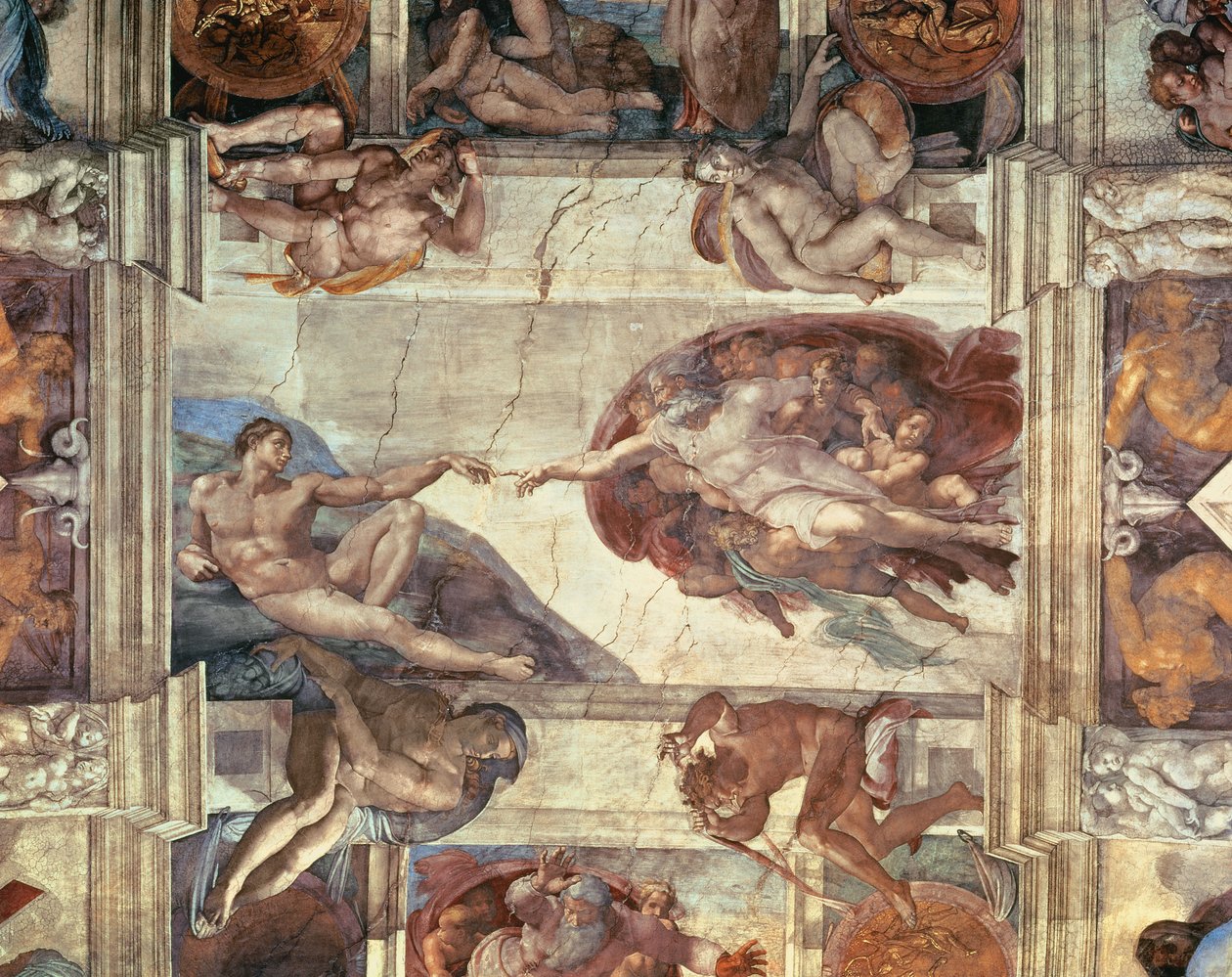 Stvoření Adama, detail ze Sixtinského stropu, 1511-12 od Michelangelo Buonarroti