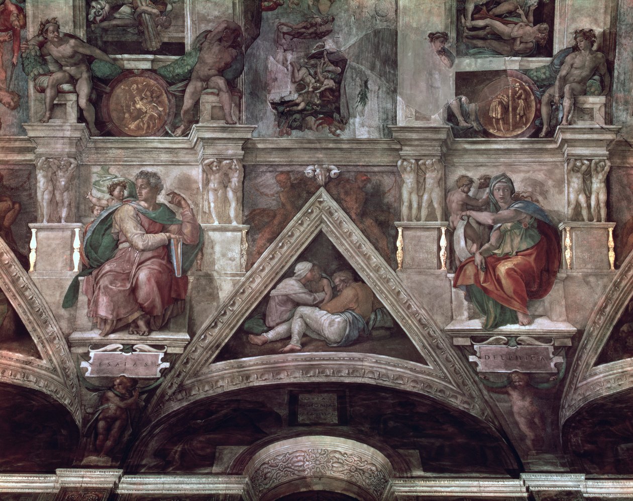 Strop Sixtinské kaple (1508-12): Prorok Izajáš a delfská Sibyla (před restaurováním) od Michelangelo Buonarroti