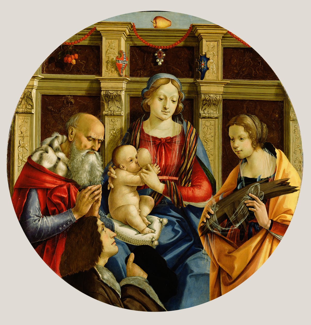 Madona s dítětem se světcem, Kateřinou Alexandrijskou a dárcem, cca 1500 (tempera na panelu) od Michelangelo di Pietro Membrini