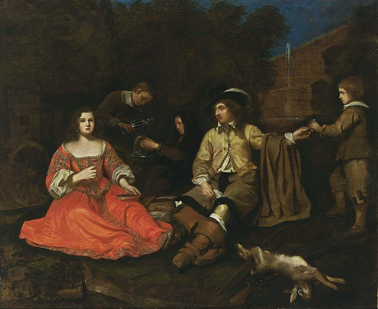 Elegantní lovecká společnost odpočívá od Michiel Sweerts