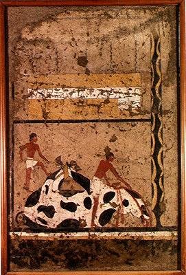 Pohřební oběť býka, z hrobky Iti (nástěnná malba) od Middle Kingdom Egyptian
