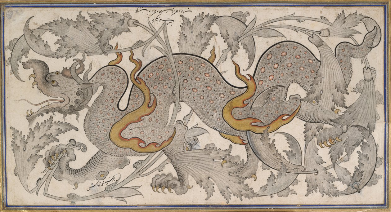 Dragon in Foliage (kresba, recto); kaligrafie, (naopak) od Mir Sayyid Muhammad Naqqash