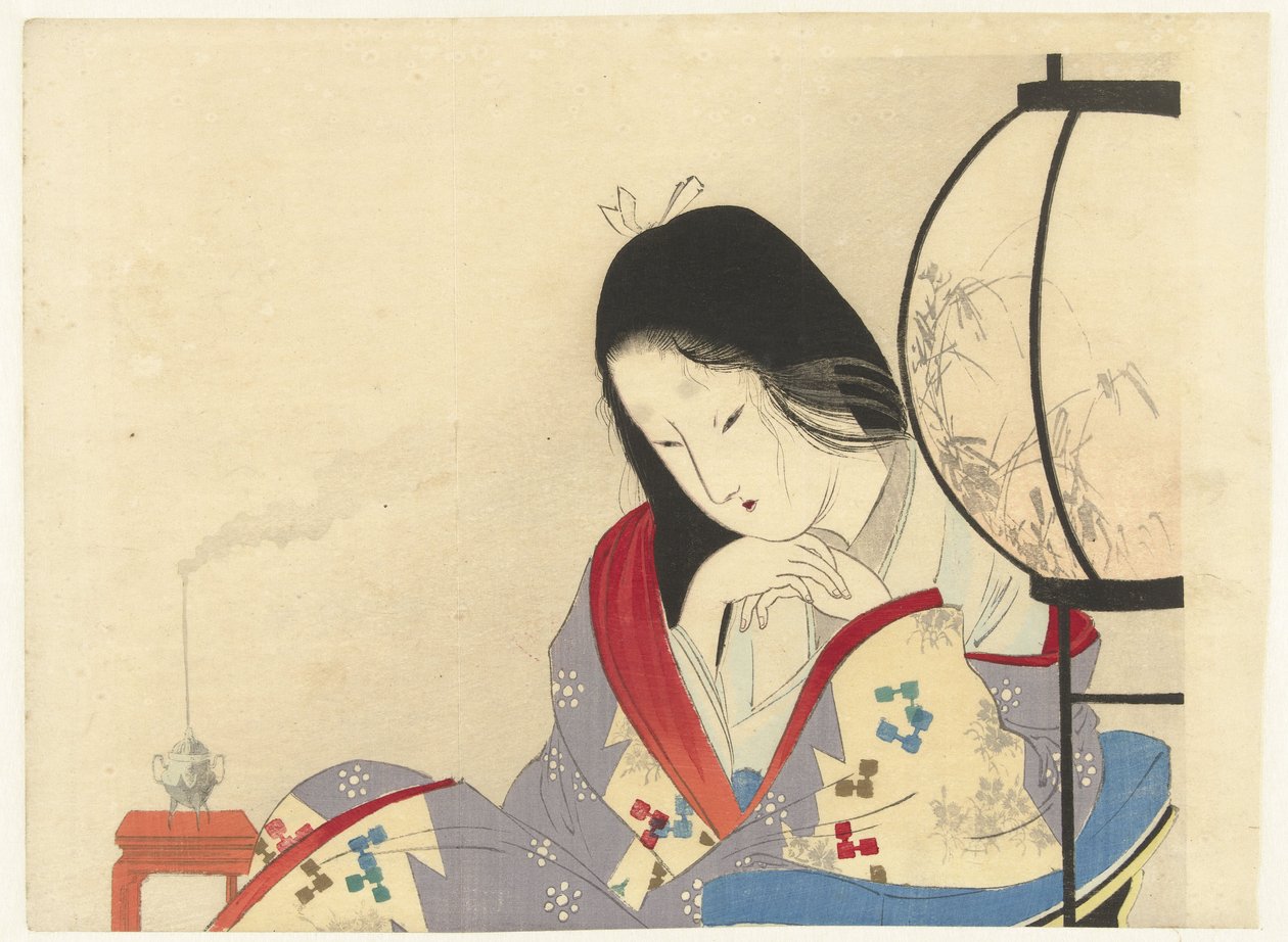 Žena v interiéru u lampy, 1890-1908 (barevný dřevoryt) od Mizuno Toshikata