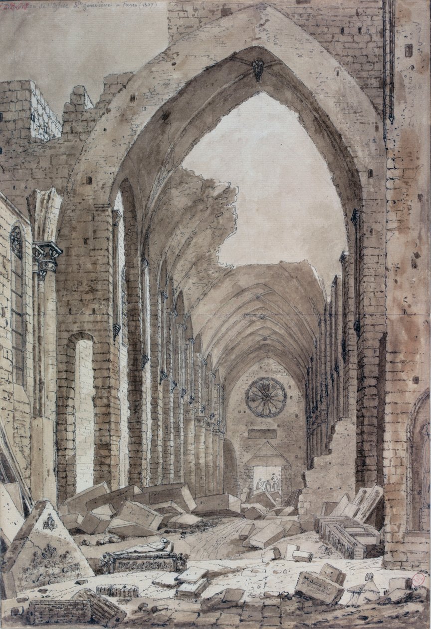 Demolice starého kostela sv. Genevieve, Paříž, 1807 (wc na papíře) od Mme. Duchateau
