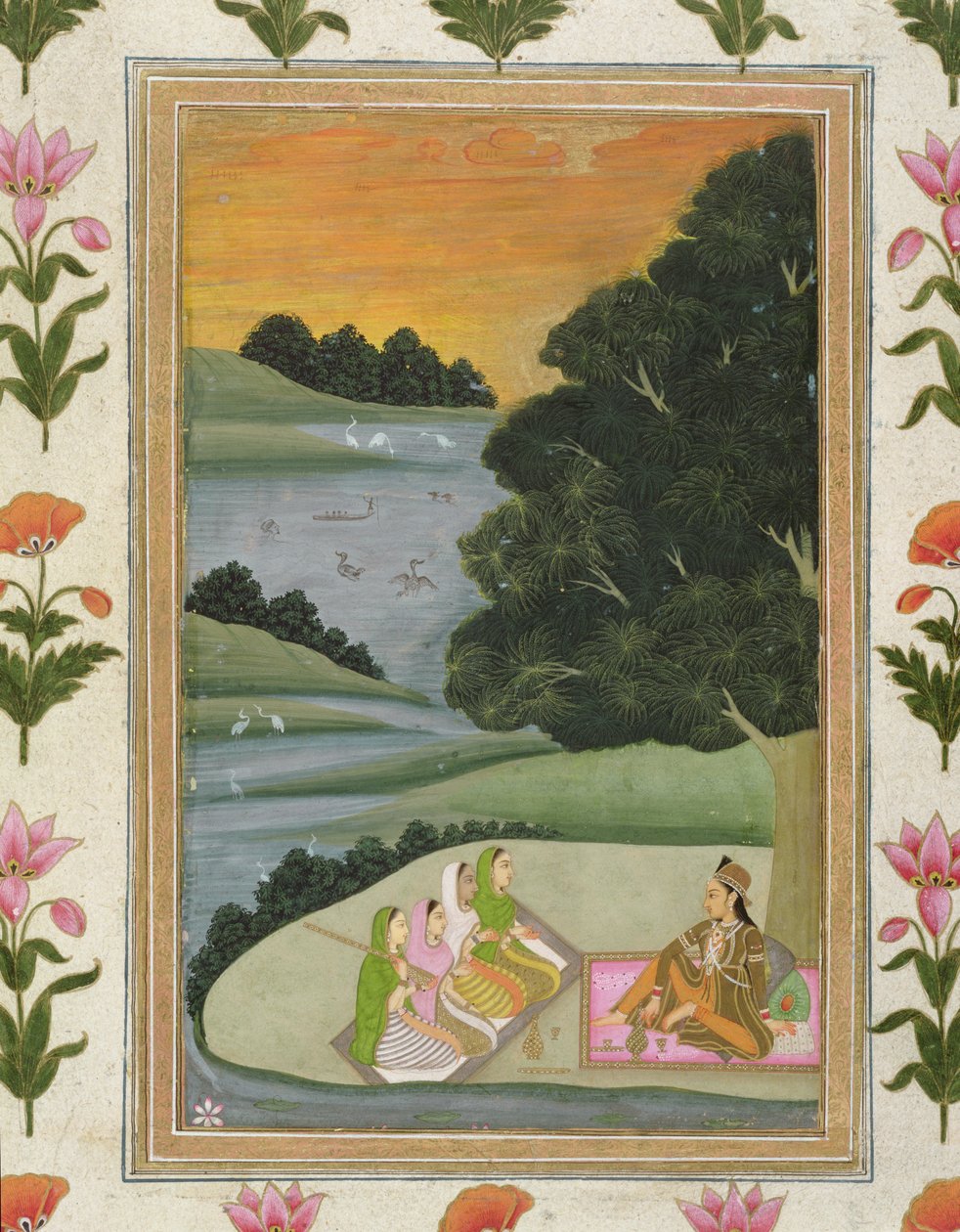 Princezna poslouchající hudebníky u řeky při západu slunce, z alba Small Clive Album (neprůhledné wc na papíře) od Mughal School
