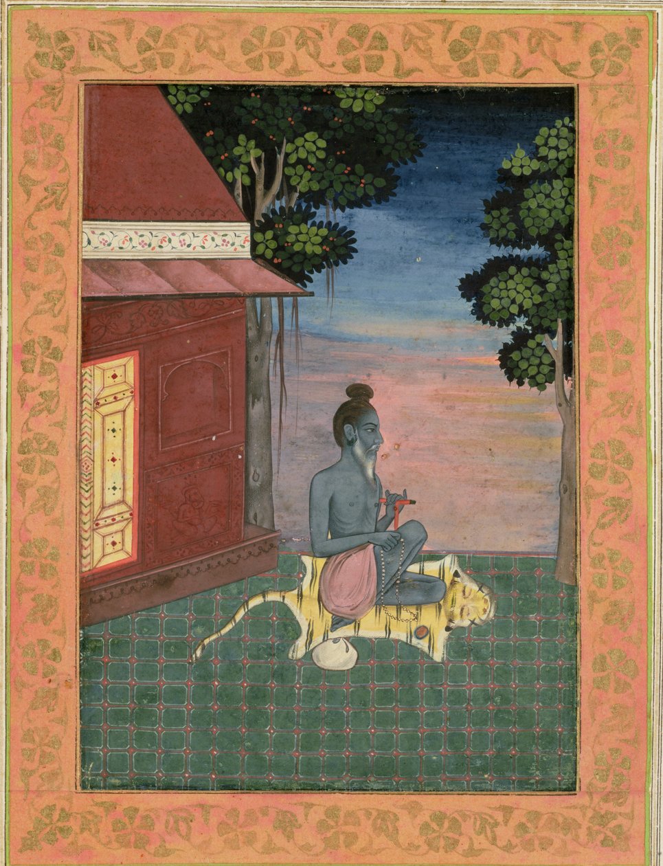 Starý asketa sedící na tygří kůži před budovou, z Velkého alba Clive, kolem roku 1670 od Mughal School