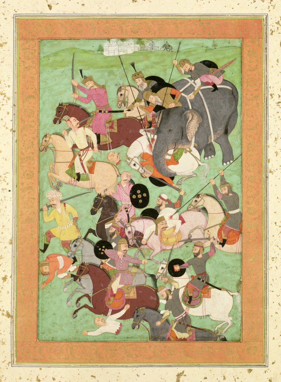 Bitva mezi silami Íránu a Turanu, ilustrace k Shahnama, Velké Clive Album, polovina 17. století (papír, zlato a kůže) od Mughal School