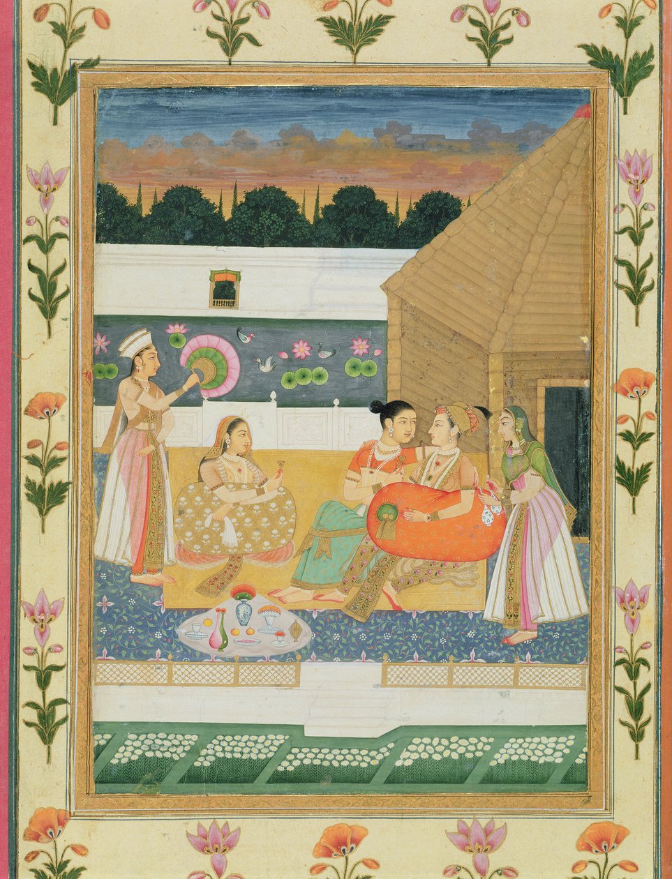 Pár na terase při západu slunce, z alba Small Clive Album (neprůhledné wc na papíře) od Mughal School