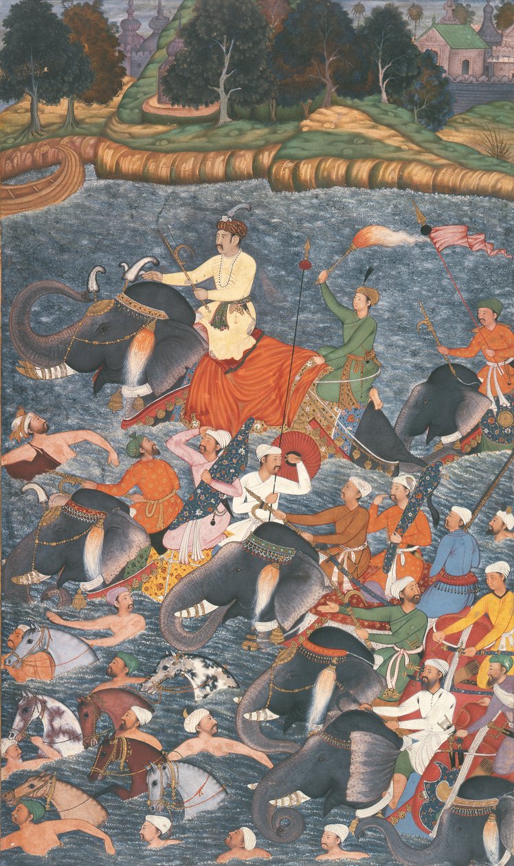 Císař Akbar (r.1556-1605) překračující řeku Gangu v roce 1567, z „Akbarnama“ vyrobeného Abu