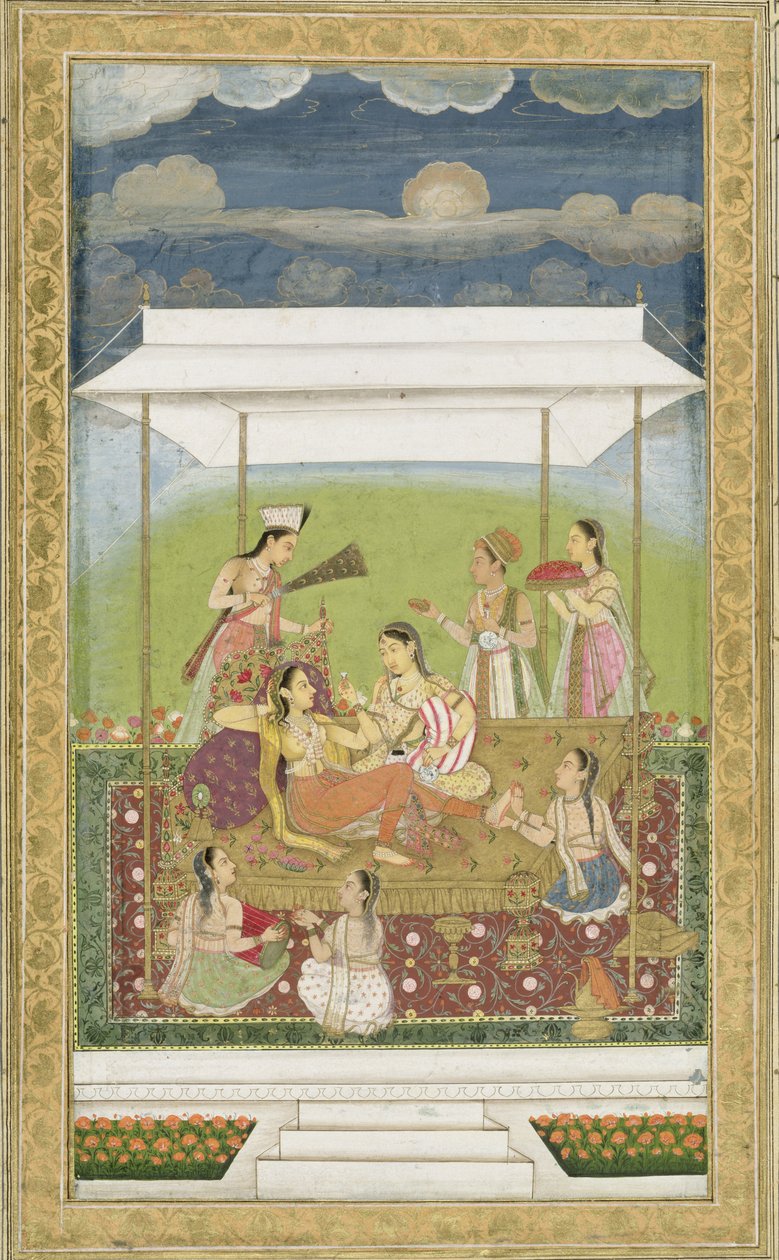 Dámy poslouchající hudbu v zahradě, z alba Small Clive (neprůhledná čb na papíře) od Mughal School