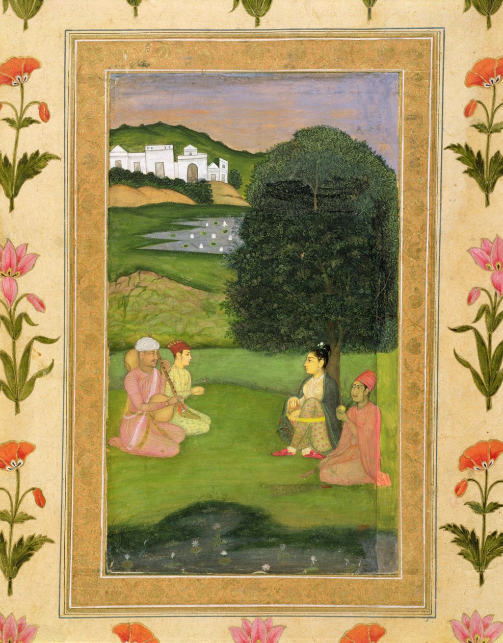 Dáma a obsluha poslouchající hudbu při západu slunce z alba Small Clive od Mughal School