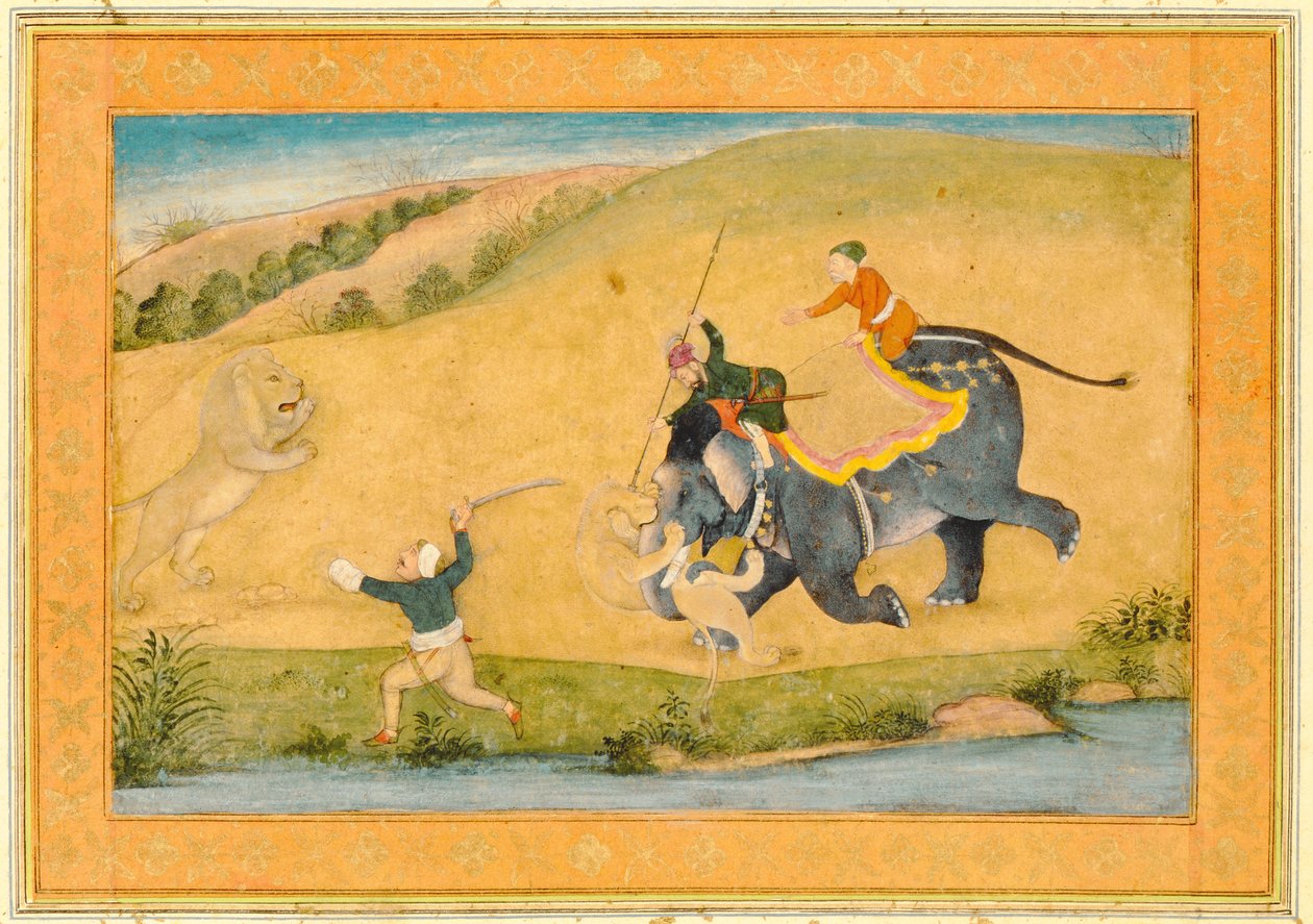 Tři muži loví lvy, z Velkého alba Clive od Mughal School