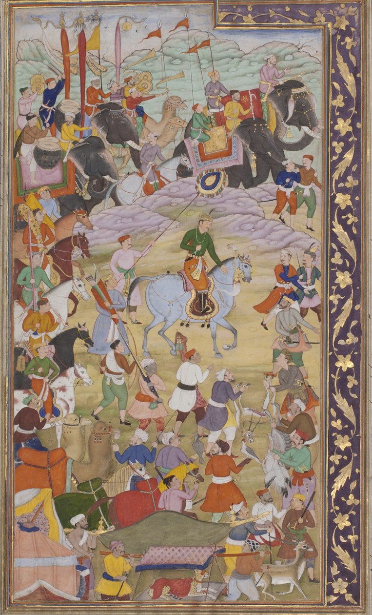 Císař Akbar loví v Sanganeru na cestě do Gudžarátu, 1600-10 (neprůhledná čb a zlato na papíře) od Mukund