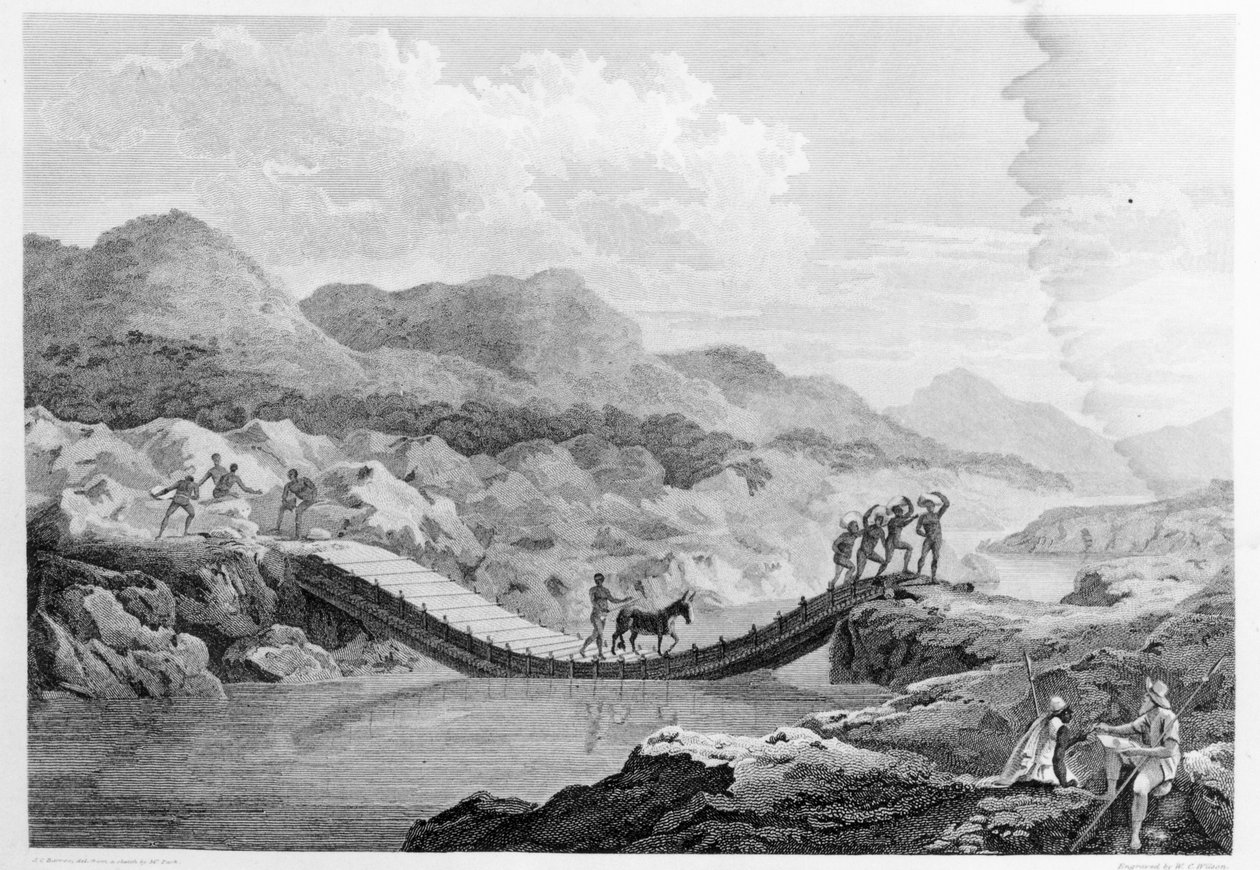 Autoportrét skicující most na řece Bafing v Senegalu z knihy „Cesty ve vnitřních distriktech Afriky“, zveřejněné v roce 1799 od Mungo Park