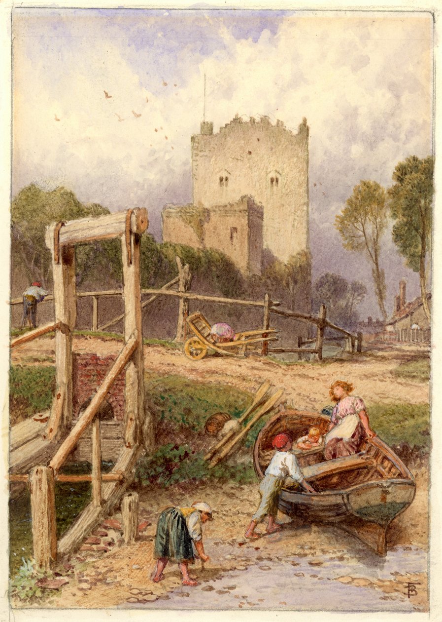 Krajina s lodí a figurkami (akvarel na papíře) od Myles Birket Foster