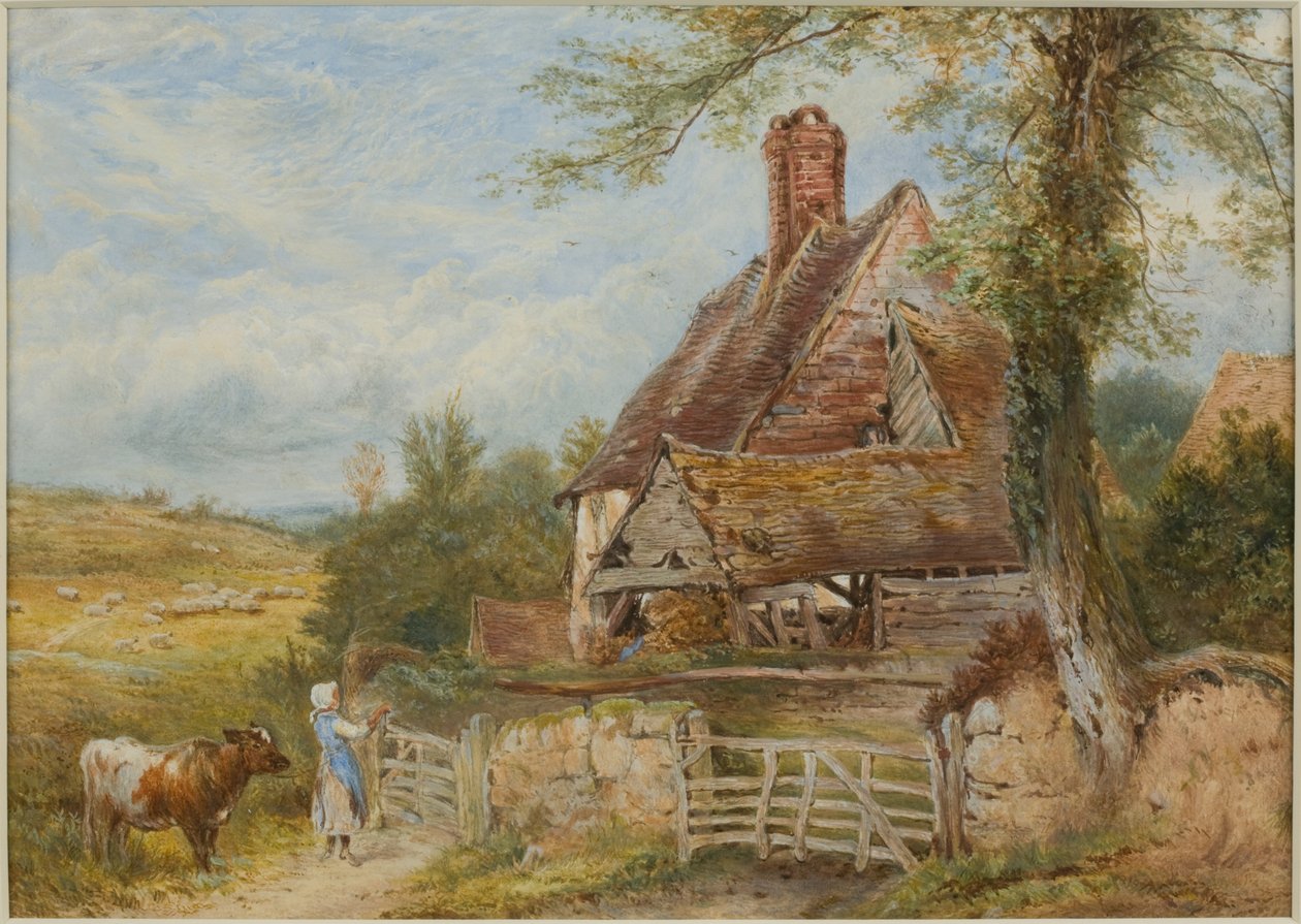 Krajina s chalupou, dívkou a krávou (tělová barva a tužka na papíře, nalepeno na kartonu) od Myles Birket Foster